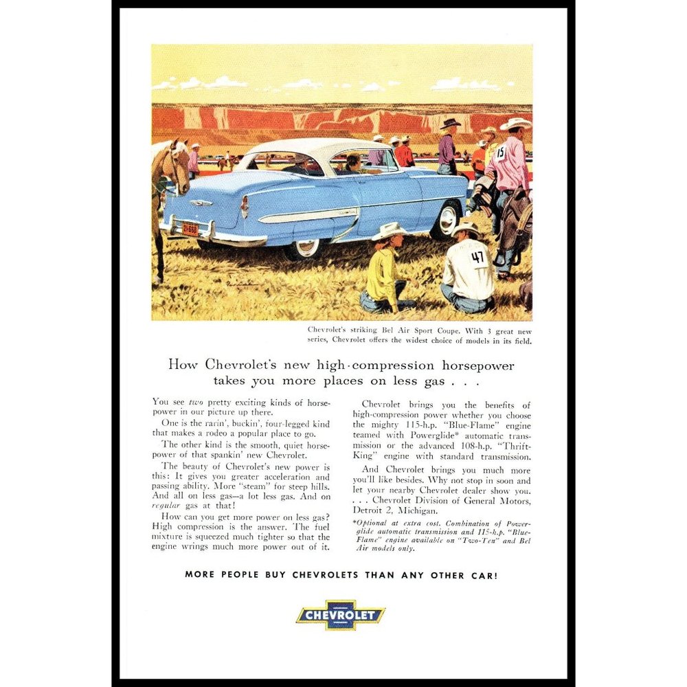 1953 Chevy Bel Air Sport Coupe Vintage Print Ad Rodeo Saddle Horse Wall Art